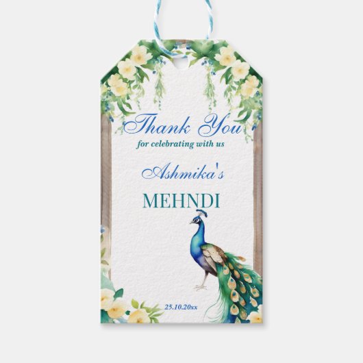 Peacock jasmijn boog Indiase bruiloft mehndi gunst Cadeaulabel (Voorkant)