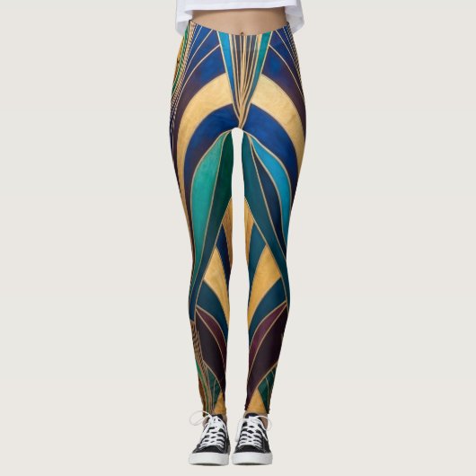 Peacock Jewel Tone Art Deco Feather Leggings (Voorkant)