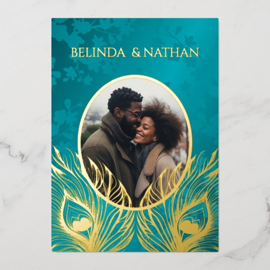 Peacock Jewel Tone Gold Wedding  Folie Uitnodiging (Voorkant)
