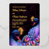 Peacock Jewel Tones Bruiloft Bloemen Moody paarse Folie Uitnodiging (Voorkant)