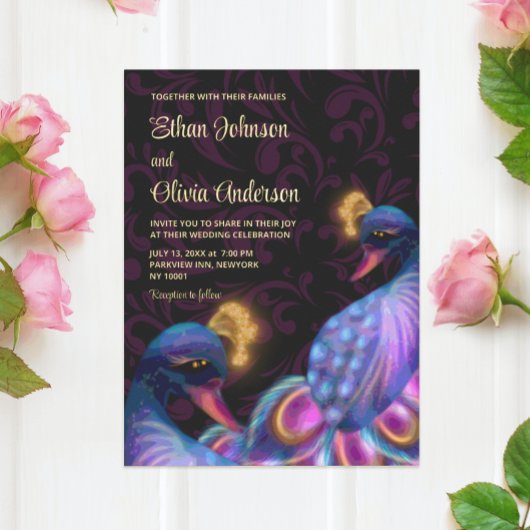 Peacock Jewel Tones Bruiloft Bloemen Moody paarse Folie Uitnodiging