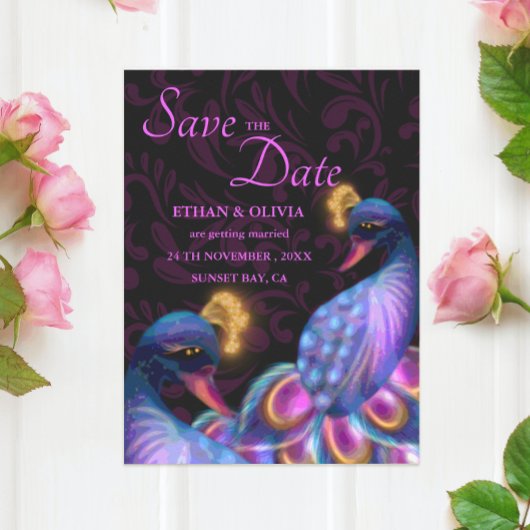 Peacock Jewel Tones Bruiloft Bloemen Moody paarse Save The Date
