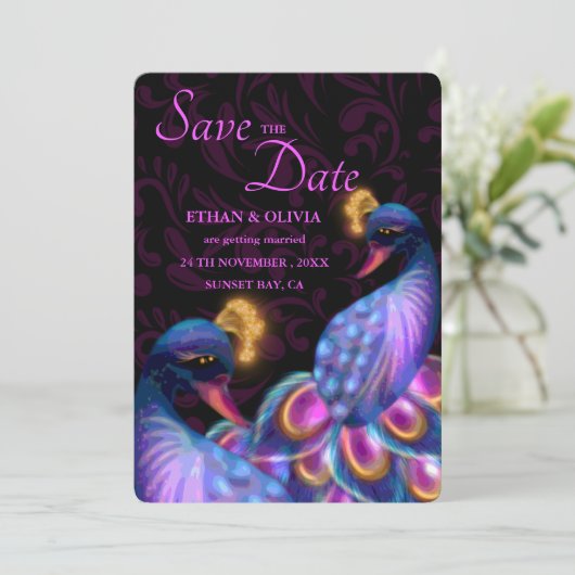 Peacock Jewel Tones Bruiloft Bloemen Moody paarse Save The Date (Staand voorkant)
