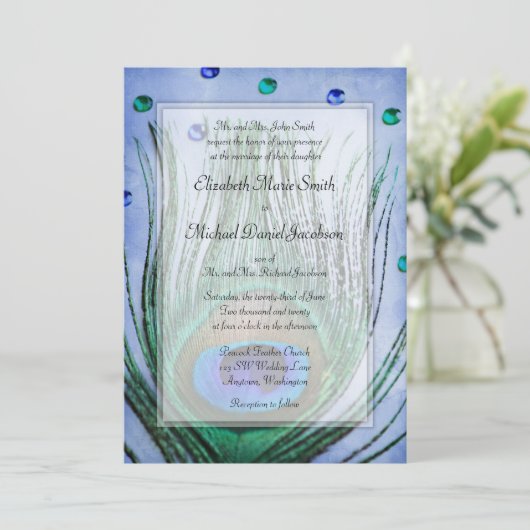  Peacock Jewels Blue Wedding Kaart (Staand voorkant)