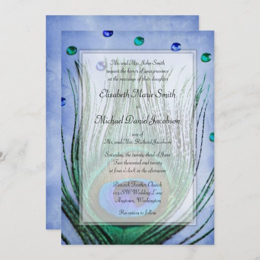  Peacock Jewels Blue Wedding Kaart (Voorkant / Achterkant)