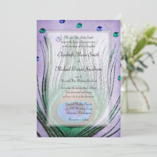  Peacock Jewels Paarse bruiloft Kaart (Staand voorkant)