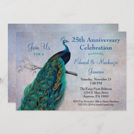 Peacock Jubileum Uitnodiging  Blauwe Vogel (Voorkant / Achterkant)