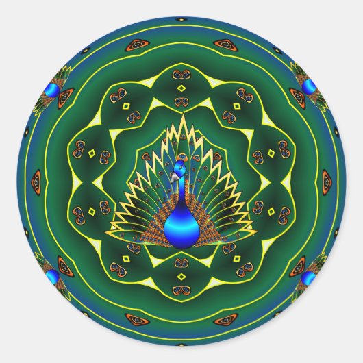 Peacock Kaleidoscoop Blauw - Groene Achtergrond Ronde Sticker (Voorkant)