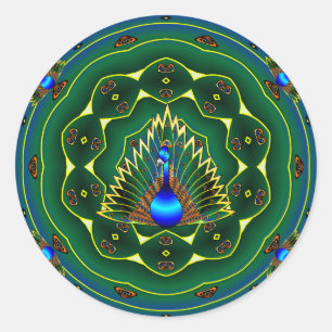 Peacock Kaleidoscope Blue- Green Background Ronde Sticker