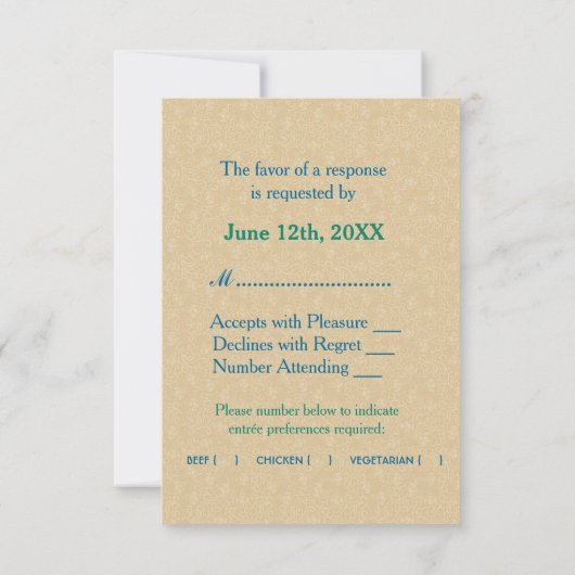 Peacock Kant Elegantie 2 Bruiloft RSVP (Achterkant)