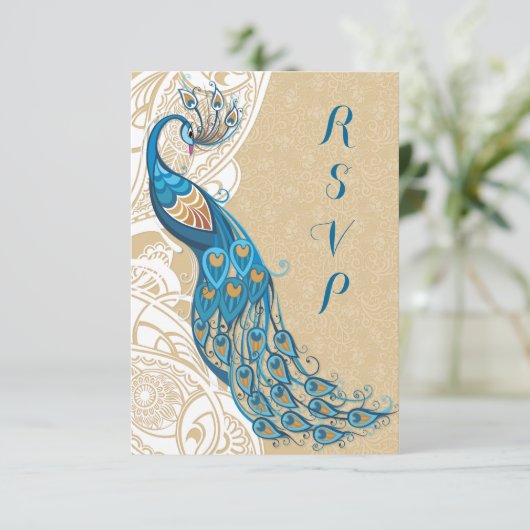 Peacock Kant Elegantie 2 Bruiloft RSVP Kaartje (Staand voorkant)