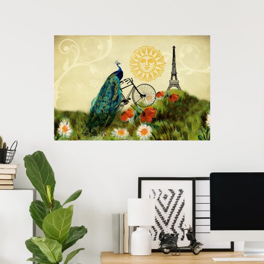  peacock-kunst met Eiffeltoren Poster (Thuiskantoor)
