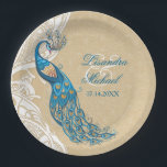 Peacock Lace Elegance 2 aangepaste papieren Borden Papieren Bordje<br><div class="desc">Elegant Pauw en kant thema met een Art Nouveau gevoel. Mooie Aqua en blauwgroen tinten met wit gescrold zijpaneel. Achtergrond is een delicate toon op toon kant bloemen over zandkleur. Pas de namen en datum aan of verwijder alle tekst als u dit papieren bord zonder wilt. Bijpassende thema beschikbaar op...</div>