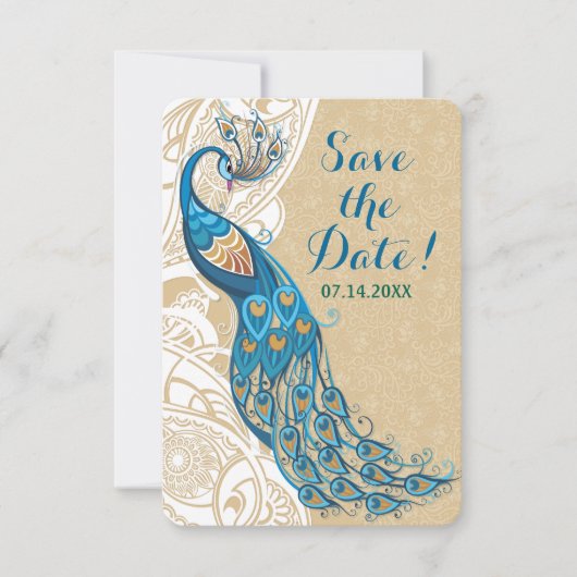 Peacock Lace Elegance Wedding Save the Date Kaart (Voorkant)