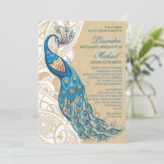 Peacock Lace Elegantie 2 bruiloft uitnodiging (Staand voorkant)