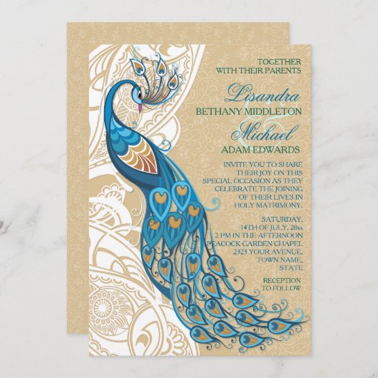 Peacock Lace Elegantie 2 bruiloft uitnodiging (Voorkant / Achterkant)