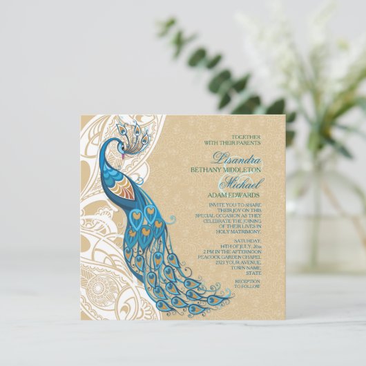 Peacock Lace Elegantie 2 bruiloft uitnodiging (Staand voorkant)