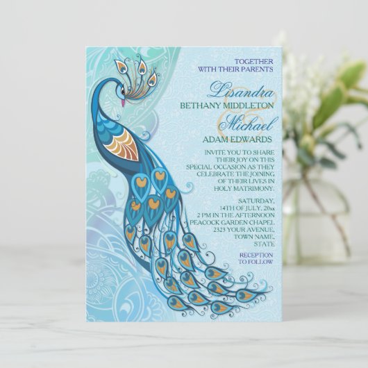 Peacock Lace Elegantie Bruiloft Uitnodiging (Staand voorkant)