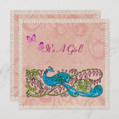  Peacock Lacy Pink Baby shower Kaart (Voorkant / Achterkant)