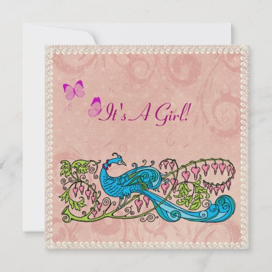  Peacock Lacy Pink Baby shower Kaart (Voorkant)