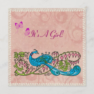  Peacock Lacy Pink Baby shower Kaart