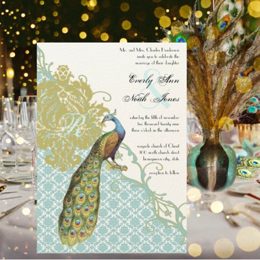 Peacock Lagoon Endive Damask Wedding Kaart