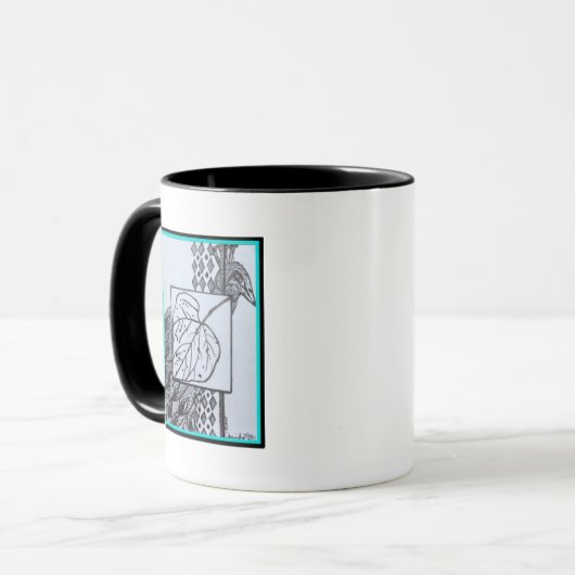 Peacock & Leaf Blk & Whit Ink Turquoise Border Mug Mok (Voorkant links)