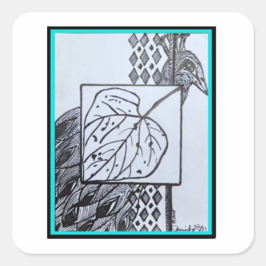 Peacock & Leaf Sticker -Blk & Turquoise (Voorkant)
