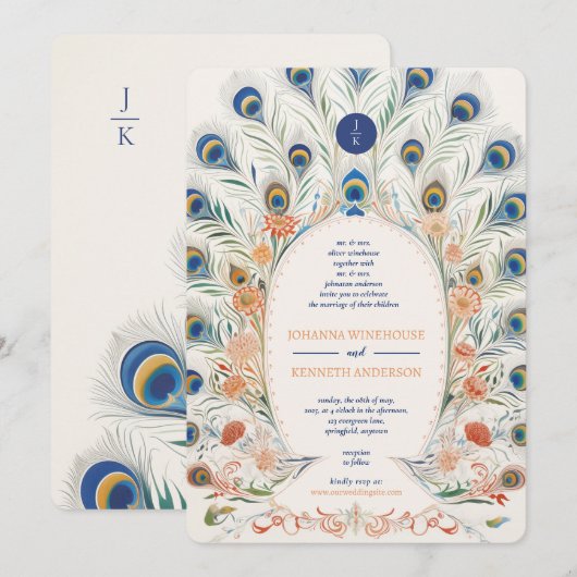 Peacock Lijst | Monogram bruiloft Kaart (Voorkant / Achterkant)