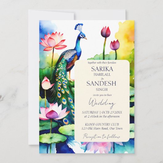 Peacock lotus bloemetjes bruiloft sjabloon kaart (Voorkant)