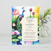 Peacock lotus bloemetjes bruiloft sjabloon kaart (Staand voorkant)