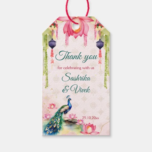 Peacock lotus Indiase bruiloft dank u gunst Cadeaulabel (Voorkant)