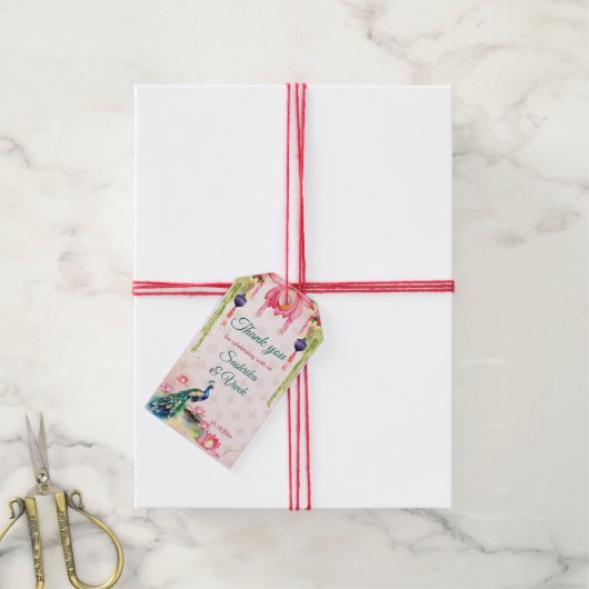 Peacock lotus Indiase bruiloft dank u gunst Cadeaulabel (Met Touw)