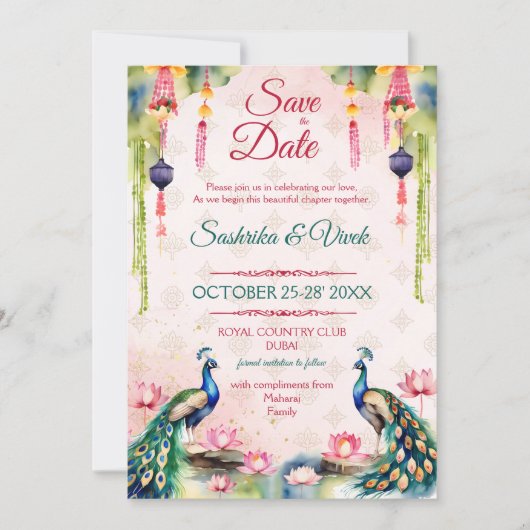 Peacock lotus Indiase bruiloft opslaan van de datu Kaart (Voorkant)