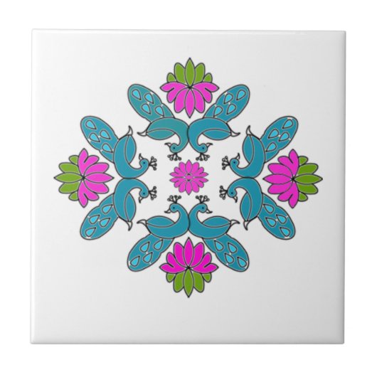 Peacock Lotus Rangoli Tegeltje (Voorkant)