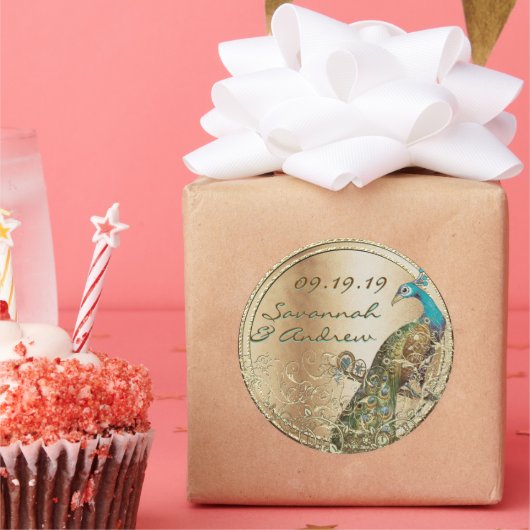 Peacock Love Bird Gold Weddenschap Seal Ronde Sticker (Feest)