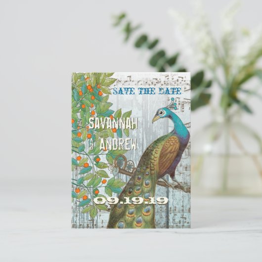 Peacock Love Bird Sitting in a Tree Save the Date Aankondigingskaart (Staand voorkant)