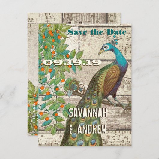 Peacock Love Bird Sitting in a Tree Save the Date Aankondigingskaart (Voorkant / Achterkant)
