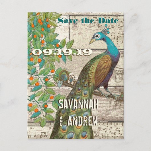 Peacock Love Bird Sitting in a Tree Save the Date Aankondigingskaart (Voorkant)