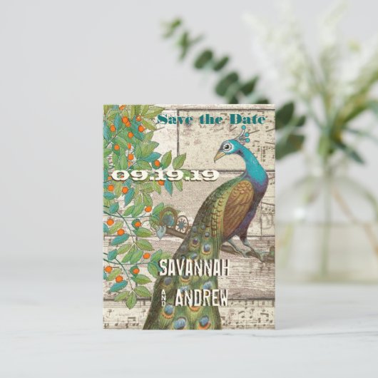 Peacock Love Bird Sitting in a Tree Save the Date Aankondigingskaart (Staand voorkant)