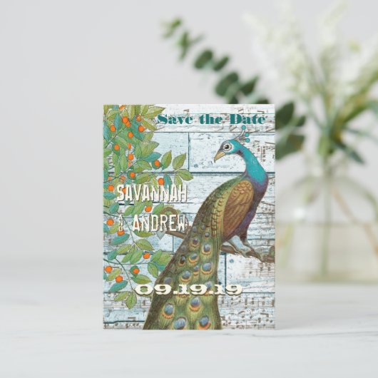 Peacock Love Bird Sitting in a Tree Save the Date Aankondigingskaart (Staand voorkant)