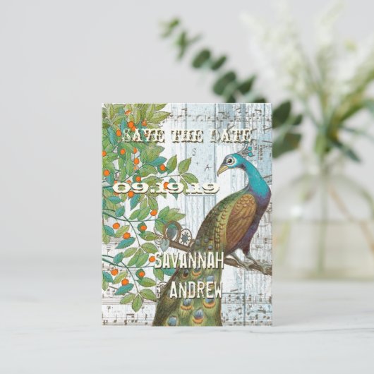 Peacock Love Bird Sitting in a Tree Save the Date Aankondigingskaart (Staand voorkant)