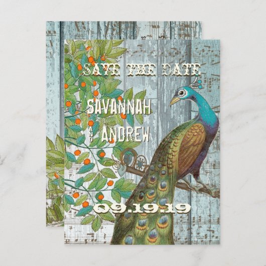 Peacock Love Bird Sitting in a Tree Save the Date Aankondigingskaart (Voorkant / Achterkant)