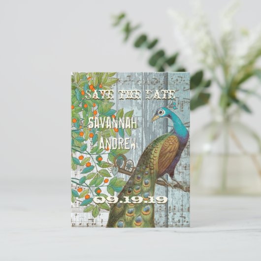 Peacock Love Bird Sitting in a Tree Save the Date Aankondigingskaart (Staand voorkant)