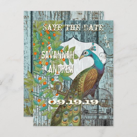 Peacock Love Bird Sitting in a Tree Save the Date Aankondigingskaart (Voorkant / Achterkant)