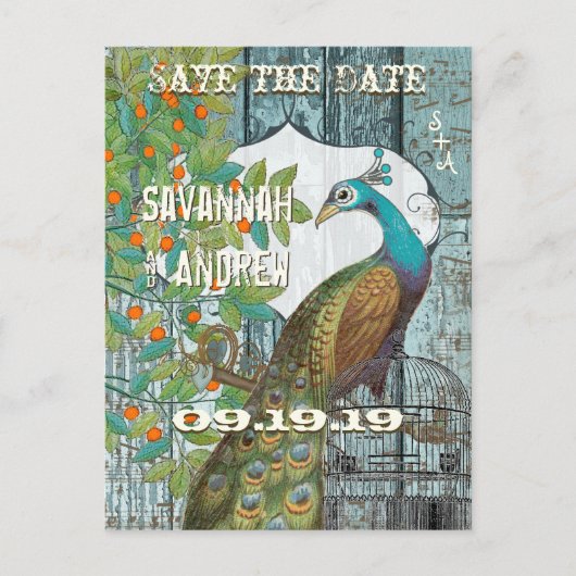 Peacock Love Bird Sitting in a Tree Save the Date Aankondigingskaart (Voorkant)