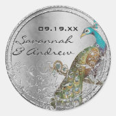 Peacock Lovebird Silver Gray Wedding Seal Ronde Sticker (Voorkant)