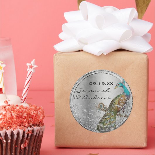 Peacock Lovebird Silver Gray Wedding Seal Ronde Sticker (Feest)