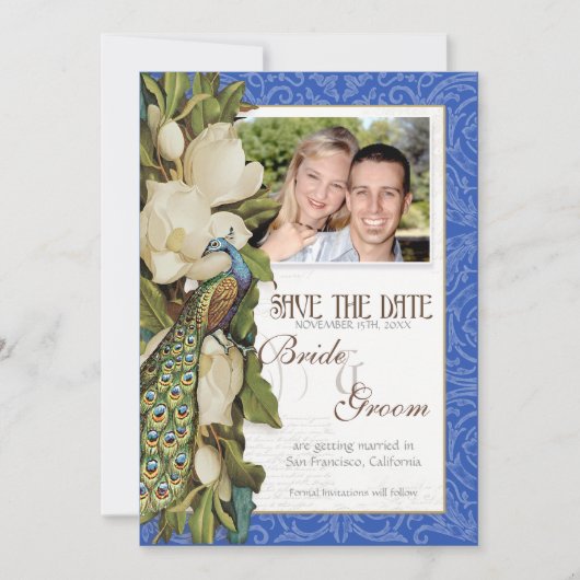 Peacock Magnolia Floral Swirl Damask Wedding Kaart (Voorkant)