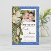 Peacock Magnolia Floral Swirl Damask Wedding Kaart (Staand voorkant)